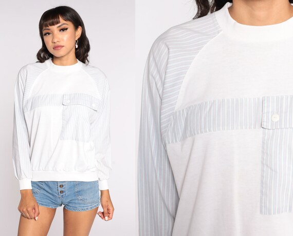 80s Slouchy Shirt White Striped Long Raglan Sleev… - image 1