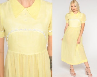 Sheer Pastel Dress 70s Maxi Yellow Boho Sheer PUFF Sleeve Dress Bohemian Fairycore Prairie Dress 1970s High Waist 60s Vintage Extra Small xs