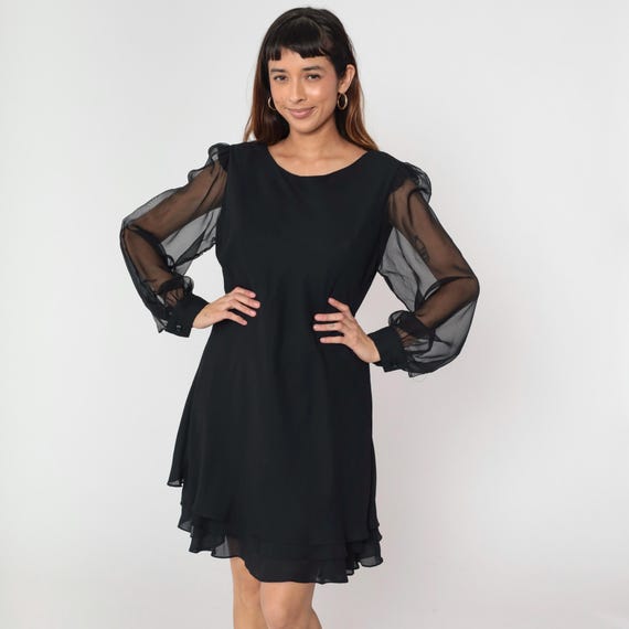 Vintage Black Party Dress 90s Sheer Chiffon Bishop Sleeve Layered Ruffle Hem Flowy Gothic Cocktail 1990s Evening Mini Shift Large 12