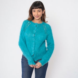 Blue Mohair Cardigan 70s Fuzzy Button Up Knit Sweater Cutout Raglan Sleeve Retro Plain Seventies Knitwear Boho Cut Out Vintage 1970s Medium image 5