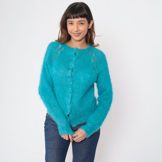 Blue Mohair Cardigan 70s Fuzzy Button Up Knit Sweater Cutout Raglan Sleeve Retro Plain Seventies Knitwear Boho Cut Out Vintage 1970s Medium