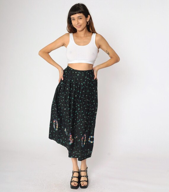 Floral Midi Skirt 90s Black Botanical Print Summer Skirt Boho Print Long Vintage Hippie Festival Hipster Rayon Small S