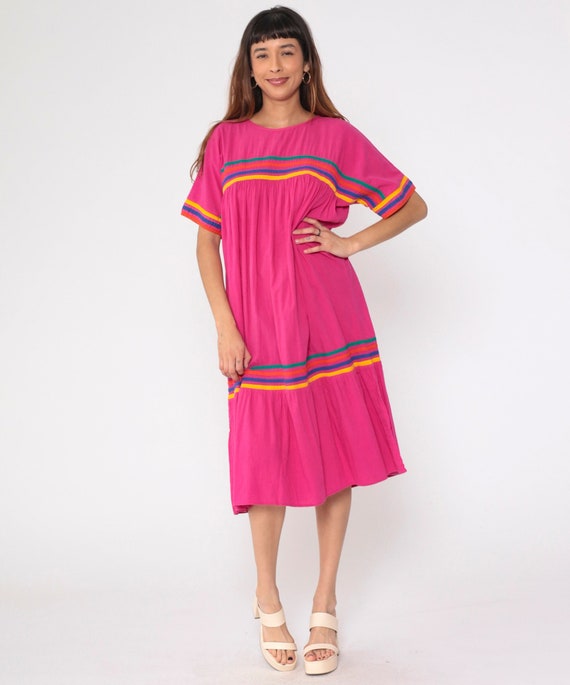 Hot Pink Striped Tent Dress 90s Rainbow Mini Dress Short Dolman Sleeve Muumuu Fuchsia Summer Day Dress Trapeze Vintage 1990s Cotton Medium