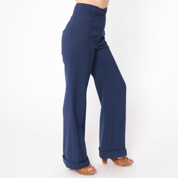Navy Bell Bottom Trousers 70s Creased Sailor Pants High Waisted Rise Boho Hippie Cuffed Slacks Retro Seventies Vintage 1970s Small 28