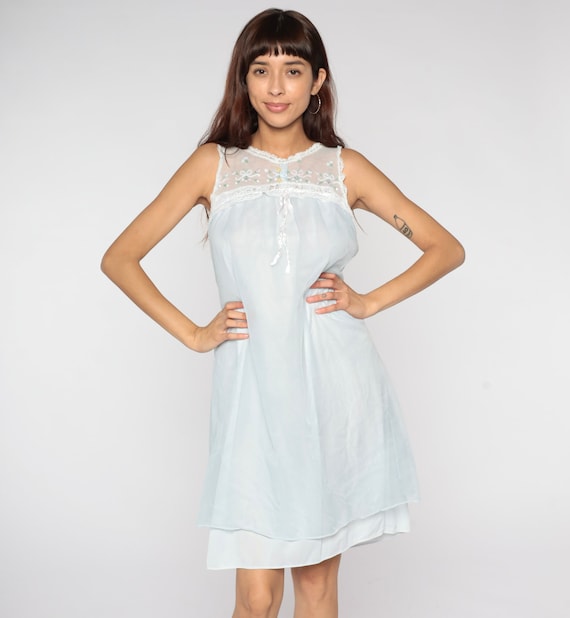 Baby Blue Nightgown 70s Lingerie Dress Embroidered Lace Bib Flowy Slip Dress Babydoll Pinup Mini Nightie Tent Trapeze 1970s Vintage Small S