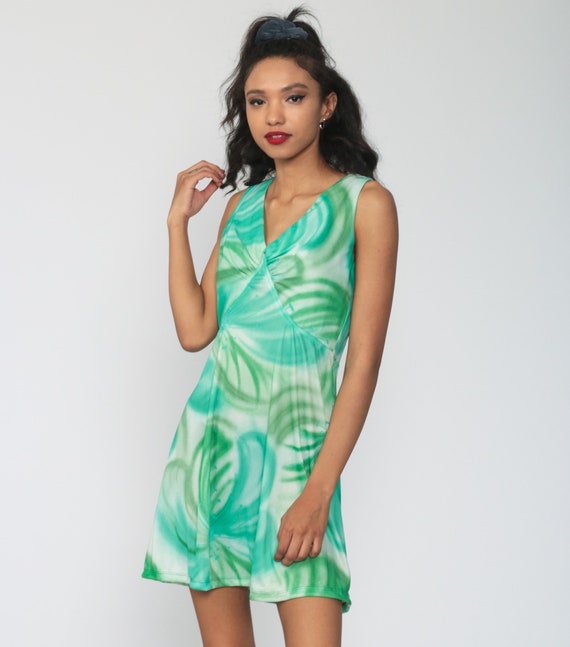Green Floral Babydoll Dress 70s Mini Sleeveless 1… - image 3