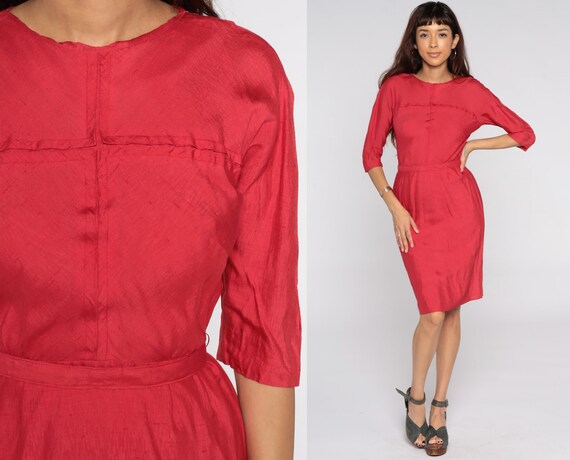 1950s Dress Red Wiggle Dress Sheath Cocktail 60s … - image 1
