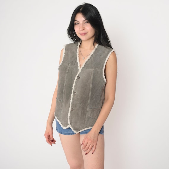 Suede Sherpa Vest 80s Grey Leather Vest Top Faux Shearling Lined Sleeveless Jacket Retro Western Snap Up Bohemian Vintage 1980s Medium M