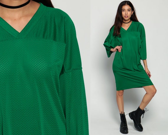 Football Dress Jersey Shirt Mesh Tshirt Dress Mini Sheer Vintage 80s V Neck Sports Top Long Sleeve Retro Green Large xl xxl