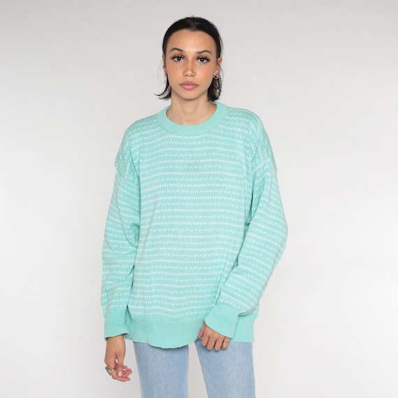 Green Striped Sweater 90s Eddie Bauer Knit Jumper Slouchy Pullover Crewneck Retro Seafoam Geometric Stripe Print Vintage 1990s Cotton Medium