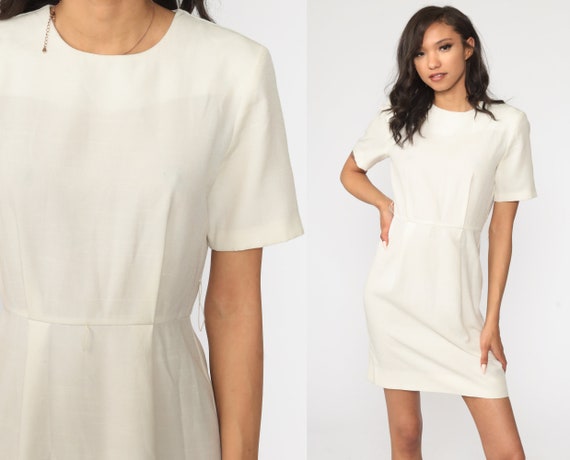 80s Mini Dress Plain Off-White Sleeve High Waist Dress Plain Simple Day Dress Casual Dress Vintage Boho Small S