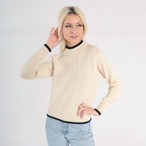 Cream Wool Sweater 90s Cable Knit Sweater Liz Claiborne Slouchy Ringer Crewneck Pullover Retro Normcore Cableknit 1990s Petite Small S
