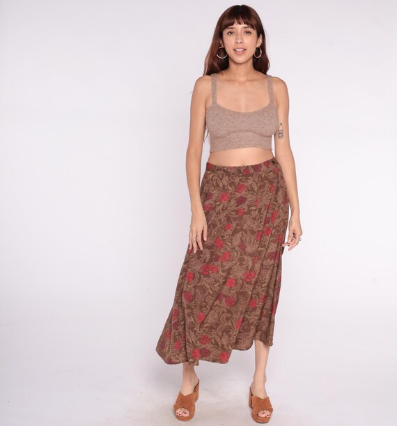 Floral Brown Skirt 90s Red Pink Tan Elastic Waist Cottagecore Prairie Flowy High Waisted Vintage Romantic Summer Soft Grunge Extra Large XL