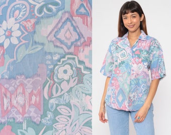Abstract Floral Shirt 90s Button up Shirt Pastel Pink Blue Green Geometric Flower Print Short Sleeve Collared Top Vintage 1990s Medium M
