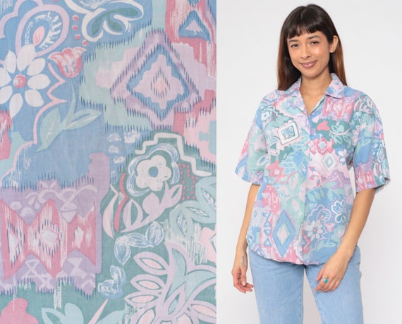 Abstract Floral Shirt 90s Button up Shirt Pastel Pink Blue Green Geometric Flower Print Short Sleeve Collared Top Vintage 1990s Medium M