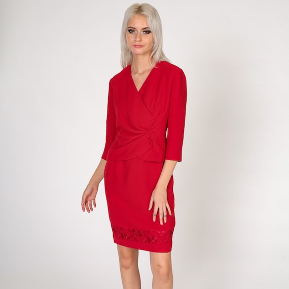 Red Mini Dress 90s Floral Embroidered Button Up Shift Dress 3/4 Sleeve Secretary Retro V Neck Faux Wrap Vintage 1990s Extra Small xs Petite
