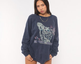 Cat Butterfly Sweatshirt 90s Navy Blue Graphic Kitten Print Pullover Raglan Sleeve Novelty Animal Hearts Cotton Vintage Unisex Top Large L