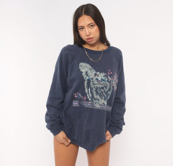 Cat Butterfly Sweatshirt 90s Navy Blue Graphic Kitten Print Pullover Raglan Sleeve Novelty Animal Hearts Cotton Vintage Unisex Top Large L
