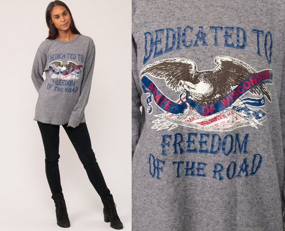Motorcycle Shirt 90s EAGLE Print ABATE of WISCONSIN Biker Shirt 1990s Motorcycle T Shirt Vintage Long Sleeve Tshirt Grey Large