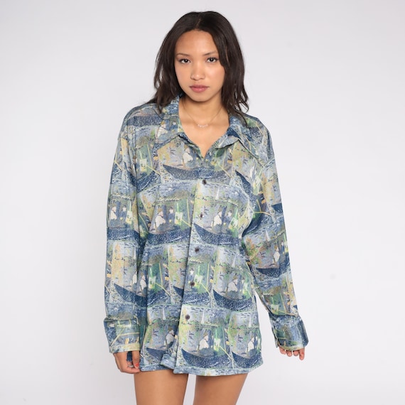 70s Monet Shirt Art Print Impressionist Painting Button Down Pointed Collar Blue Green Boat Scene XXL Art Gallery Vintage Extra Extra Large