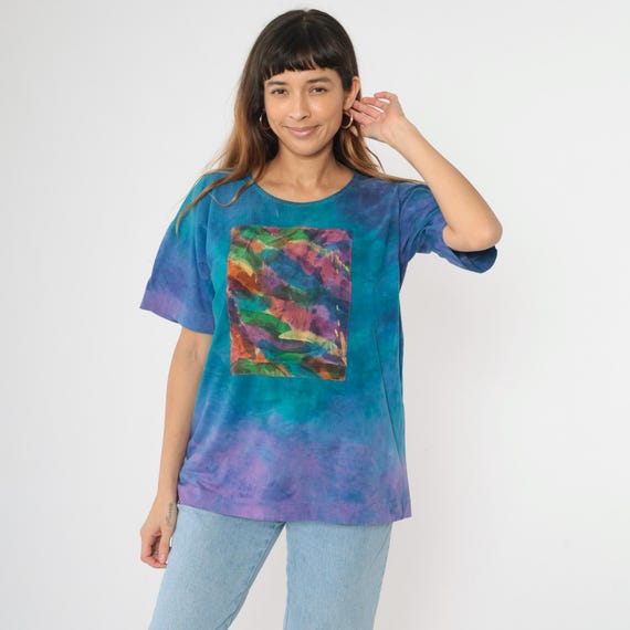 Vintage Tie Dye T-Shirt 90s Hand Painted Silk Patch Psychedelic Tee Single Stitch Blue TShirt Retro Graphic Evolve Love 1990s Large L