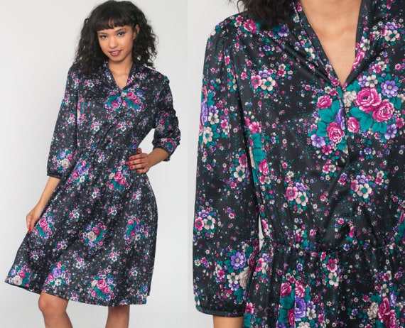 Floral Midi Dress Boho High Waisted Slouchy 70s 80s Blouson Dress Button Up Secretary Black Purple Vintage Long Sleeve Bohemian Medium