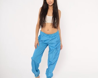 90s Converse Windbreaker Pants Blue Nylon Track Joggers Elastic Cuff Cargo Pocket Athletic Streetwear Sky Powder Vintage Trousers Large L