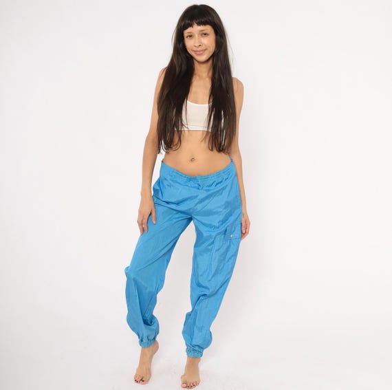90s Converse Windbreaker Pants Blue Nylon Track Joggers Elastic Cuff Cargo Pocket Athletic Streetwear Sky Powder Vintage Trousers Large L
