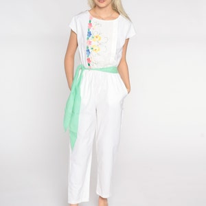 Floral Embroidered Jumpsuit 80s White Pantsuit Boho Tapered Pants Cap Sleeve Belted Romper Vintage 1980s High Waisted Bohemian Retro Medium