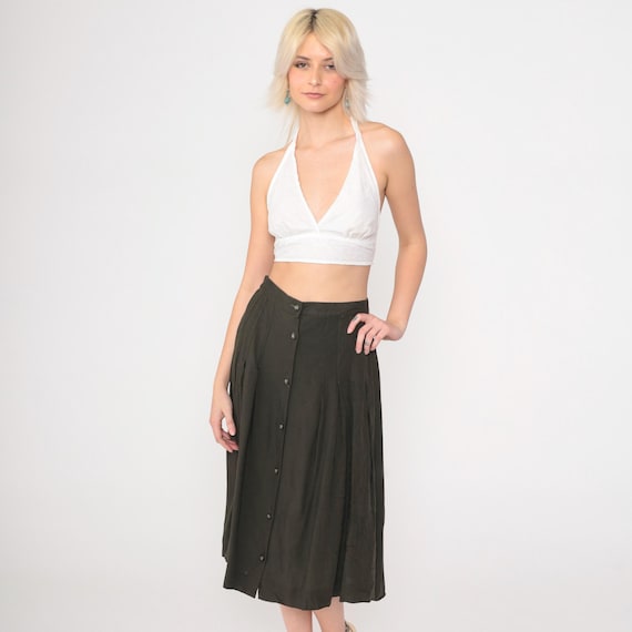 Vintage 90s Button Up Skirt Olive Brown Pleated Skirt 90s Midi Skirt High Waisted Basic Simple Plain Nineties 1990s Small