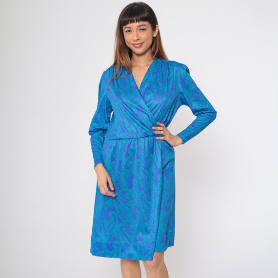 Paisley Faux Wrap Dress 90s Midi V Neck 1990s Blue Psychedelic Boho Hippie Vintage Long Puff Sleeve Elastic Waist Bohemian Large