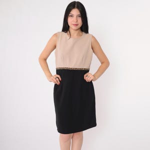 Vintage Sleeveless Color Block Dress 90s Leopard Print High Waist Mini Beige Black Minimalist Style Ronni Nicole Petite Cocktail Medium