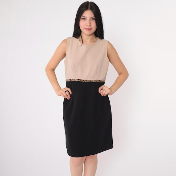 Vintage Sleeveless Color Block Dress 90s Leopard Print High Waist Mini Beige Black Minimalist Style Ronni Nicole Petite Cocktail Medium