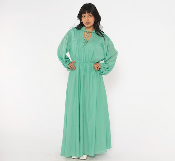70s Sea Green Maxi Dress Sage Mint Balloon Sleeve Keyhole A Line Long Sleeve Prairie Cottagecore Fairy Loungewear Vintage Extra Large XL