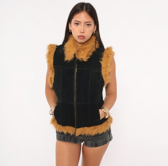 Y2K Fur Trim Leather Vest Black Suede Zip Front Jacket Tan Faux Fur Collar Club Fitted Gilet Camel Accent Winter Layering Top Medium M