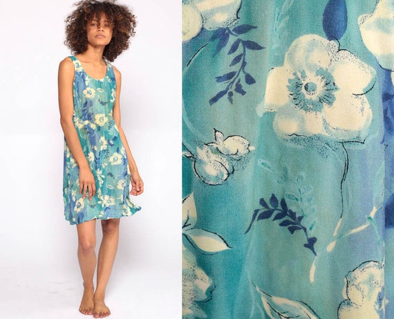 Floral Mini Dress 90s Sundress Blue Grunge Hippie Sun Dress CORSET BACK Bohemian Vintage Sheath Boho Sleeveless Summer Small Medium