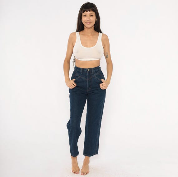 Rockies High Waisted Jeans 90s Dark Wash Denim Tapered Leg Cotton Western Yoke Mom Jean Navy Blue Vintage Pants Trousers Extra Small XS
