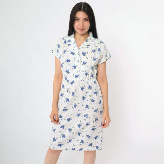 80s White Floral Dress Midi Dress Button Up Summer Dress Vintage Blue Shirtdress Boho High Waisted 1980s Short Sleeve Dress Bohemian Small S
