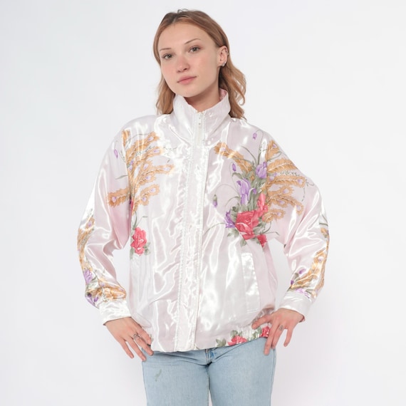 90s Floral Bomber Jacket White Cream Pink Rose Purple Flower Wheat Zip Up Track Windbreaker Cottagecore Fairycore Coquette Vintage Medium M