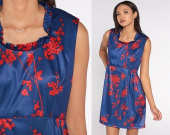 70s Babydoll Dress Blue Floral Emilio Borghese Dress Mini Dress Flower Print Mod Empire Waist 60s Red Ruffle Vintage Sleeveless Small S