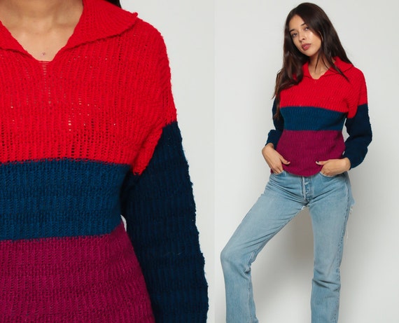 Striped Sweater Color Block Stripe 70s Boho Retro Red Blue Semi Sheer Pullover Vintage Slouch Hipster Collar Small