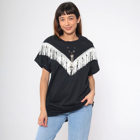 90s Southwest Fringe T Shirt Black Studded Shirt Horseshoe Concho Southwestern Shirt Western Tshirt 1990s Vintage Retro Tee White Medium