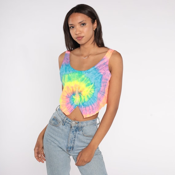 Tie Dye Crop Top 90s Neon Shirt Vintage Hippie Tank Top 1990s Bohemian Summer Top Wrap Shirt Sleeveless Cotton In Gear Large xl