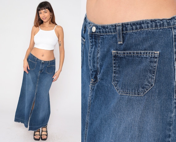 Y2K Denim Maxi Skirt Roxy Low Rise Jean Skirt High Slit Retro 2000s Streetwear Pop Star Glam Blue Pencil Skirt Boho Vintage 2000s Large 33