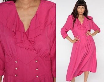 Pink Pleated Dress 80s Midi Dress Ruffle Dress Double Breasted Button Up High Waist Secretary 3/4 Sleeve V neck Vintage Large L