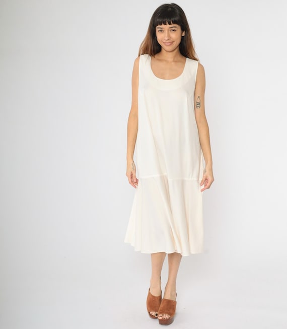 Vintage 90s Ivory Slip Dress Sleeveless Drop Waist Minimalist Midi Length Flowy Scoop Neck Off-White USA Made Simple Boho Plus Size 20W