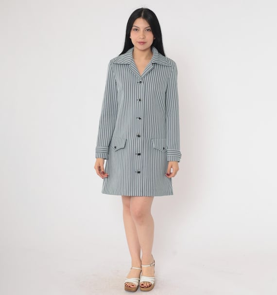 70s Mini Dress Mod Blue White Striped Shirtdress Shift Button Up Collared Long Sleeve Vintage 1970s Twiggy Gogo Small Medium
