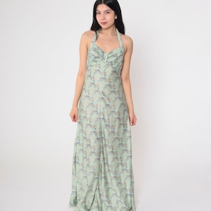 Floral Maxi Dress 70s Halter Neck Sundress Green Flower Leaf Print Sun Day Summer Empire Waist Hippie Backless Boho Vintage 1970s Small S