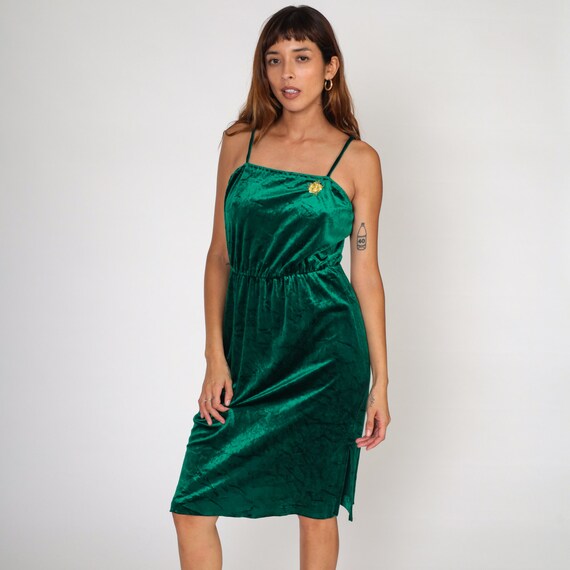 Green Velour Dress 70s Velvet Party Dress Floral … - image 3