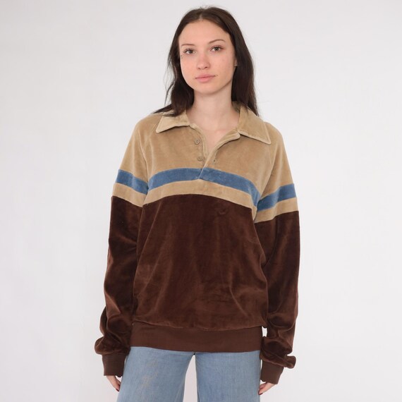 Vintage Striped Velour Sweatshirt 80s Brown Tan Color Block Polo Pullover Long Sleeve Shirt Retro Top Stranger Things Medium Large